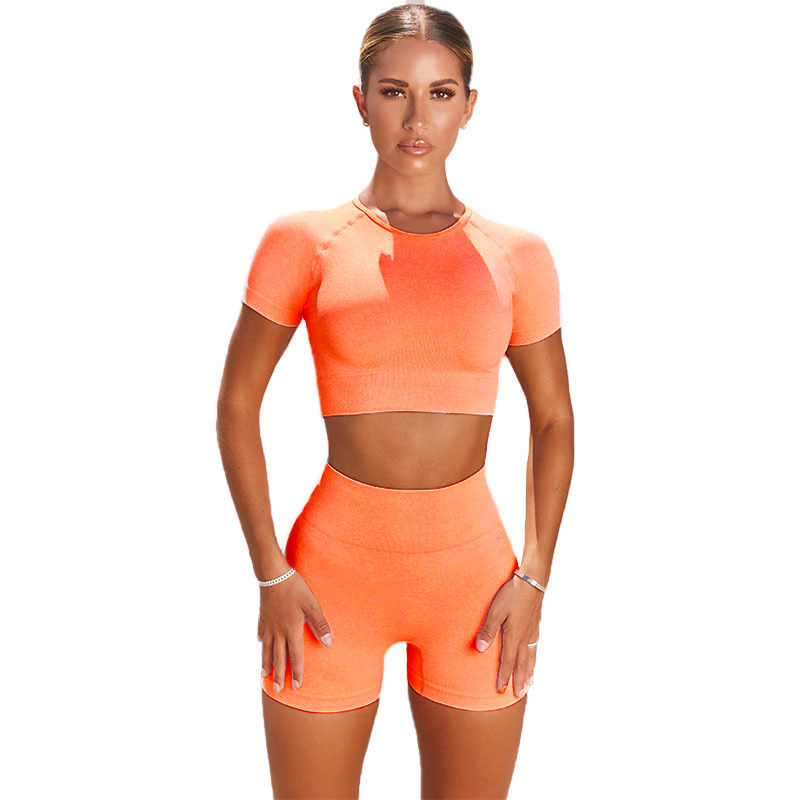Cross-border new seamless yoga wear set, women's running sport short-sleeved T-shirt and shorts two-piece set, fitness suit shark Specification image