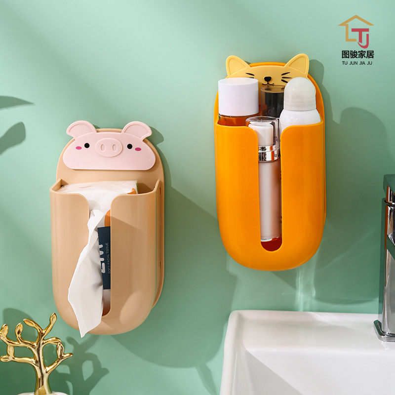 Cartoon creative cartoon wall-mounted tissue paper storage box, no need for drilling, kitchen, bathroom and toilet, seamless wall-mounted paper Application Scenario