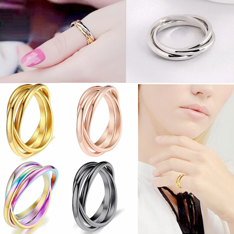 亚马逊热卖 三环素圈钛钢情侣对戒指 旋转动抗焦虑戒指跨境手饰品