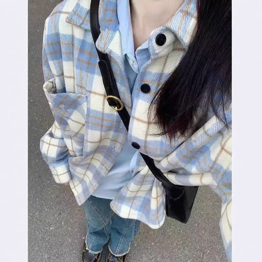 拉夏贝尔浅蓝格子长袖衬衫女春秋2025新款学院风宽松休闲外套上衣