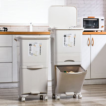 日式家用厨房分类垃圾桶批发厨余干湿分离脚踏式可移动按压送贴纸