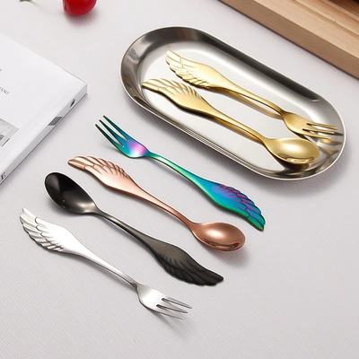 Cross-border selection of best-selling tableware for gifts, creative stainless steel tableware, wing spoons and forks, popular dessert, coffee and cake spoons and forks, stirring spoons, fruit forks sets, and special tableware for hotels and coffee shops thumbnail