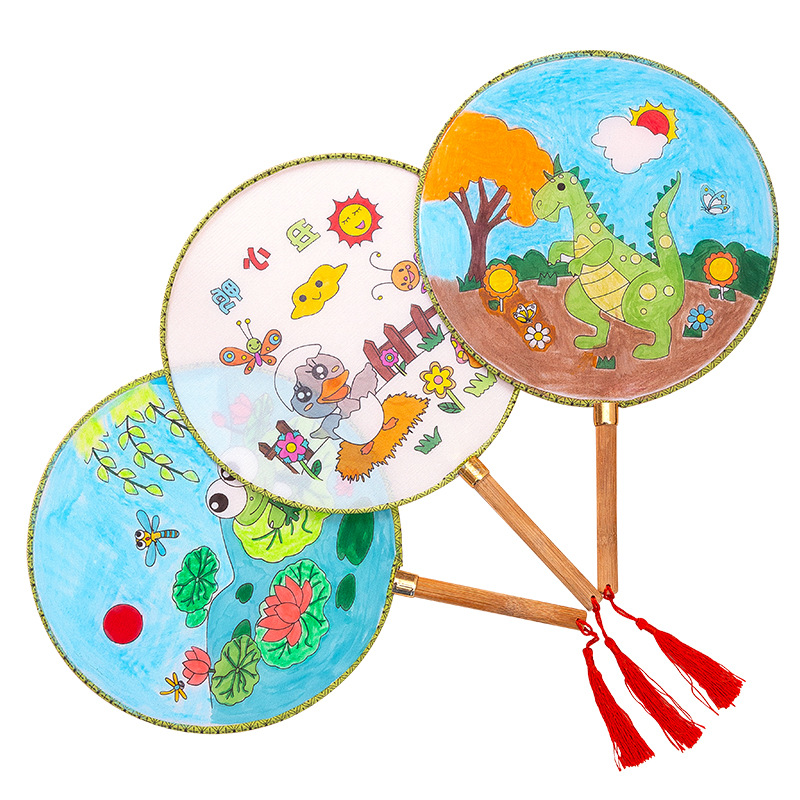 Blank Fan Silk Cloth Children's Painting Diy Fan Bamboo Handle Blank Circle Fan Palace Fan Circle Fan Hand-Painted Kindergarten Manual Item Picture