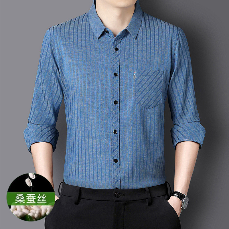 Mulberry silk long-sleeved shirt for men, Spring/Autumn 2024, striped true pocket lapel loose men's shirt Specification image