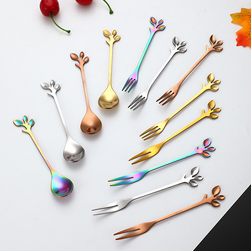 Creative stainless steel coffee whisker, European leaf spoon, fruit fork whisker, dessert fruit fork, golden coffee spoon Specification image