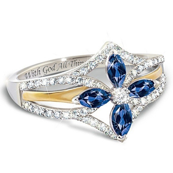 Cross-Border Hot Selling Fashion Jewelry Two-Color Ring Women Europe And America Inlaid With Blue Crystal Horse Eye Cross Ring Decoration Specification drawing