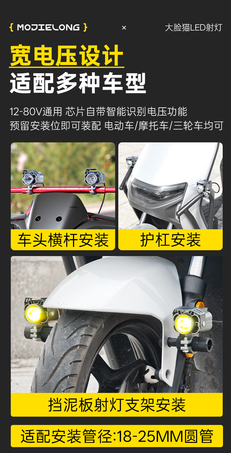 摩托车外置射灯黄白双光透镜铺路灯电动车前大灯爆闪远近一体详情10