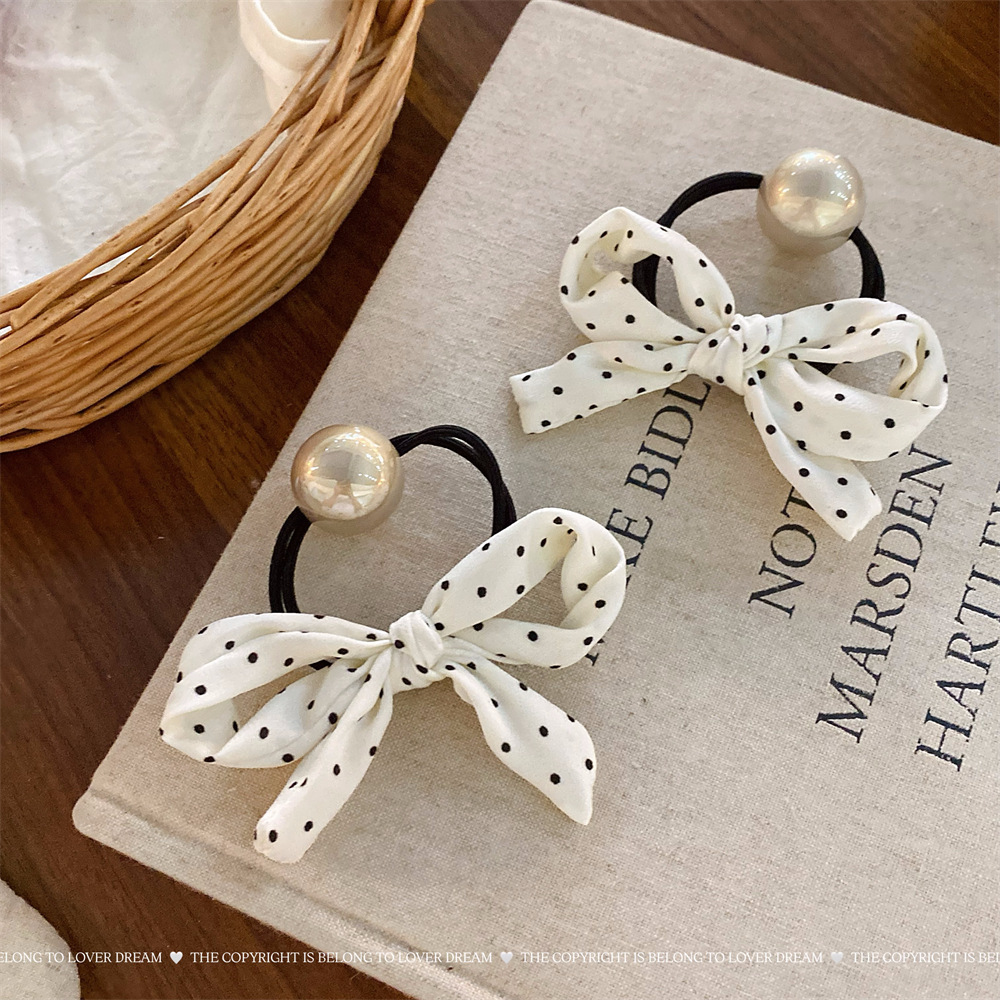 The new pearl red polka dot bow hair band from Luofu Meng is sweet, fashionable and highly elastic leather band hair accessory pic 22