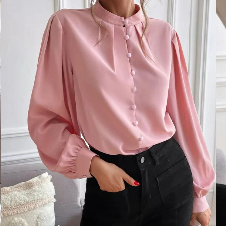 In the spring of 2025, a new elegant solid-color lapel long-sleeved single-breasted loose women's blouse and shirt for European and American foreign trade