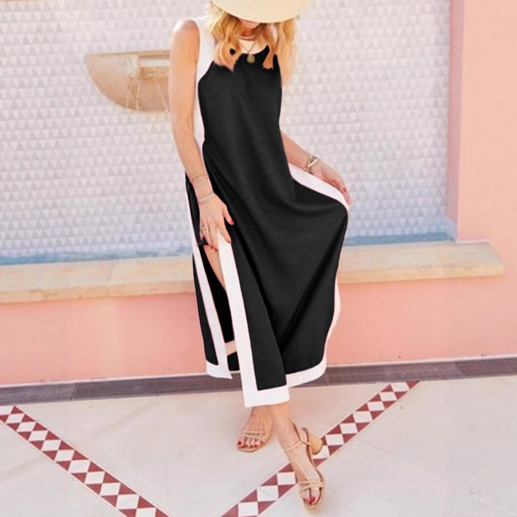 Amazon women's high slit two-piece set, Bohemian color block sleeveless long dress with shorts with cuffs details Picture