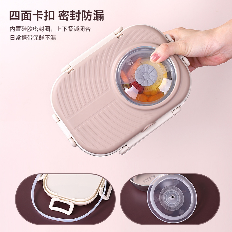 The popular 304 stainless steel compartments lunch box is a portable insulated lunch box for office workers and students. It comes with a soup bowl and a Japanese-style lunch box Specification image