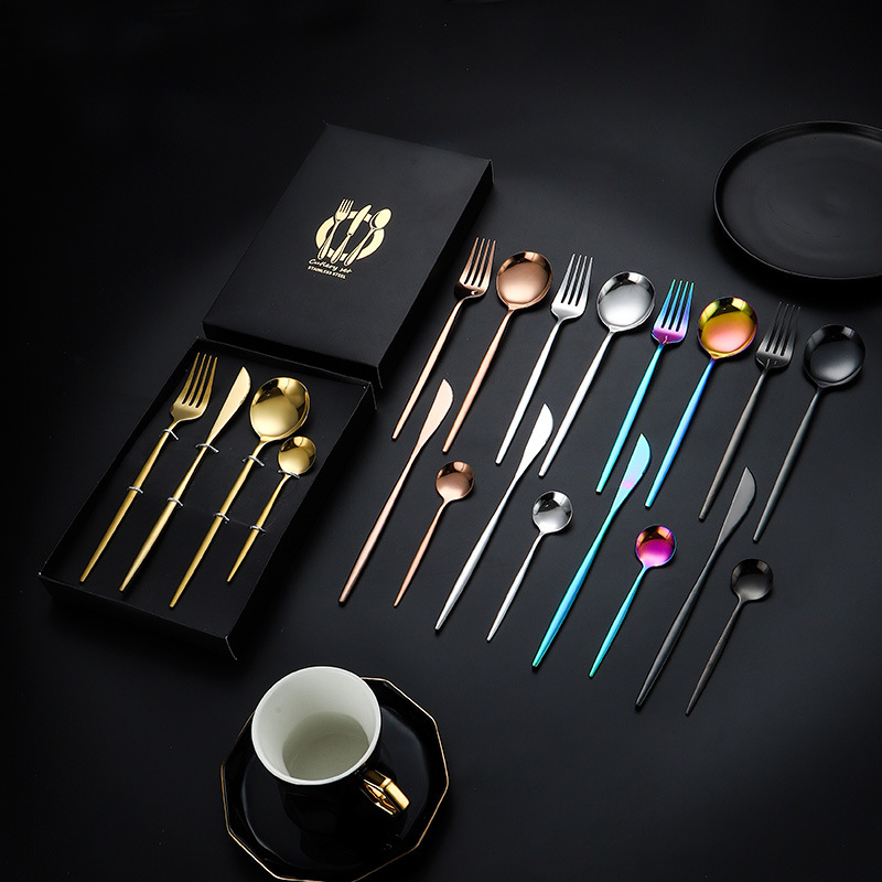 Cross-border stainless steel tableware Portuguese knife, fork and spoon four-piece set gift box set, Western cuisine steak knife, fork and dessert spoon details Picture