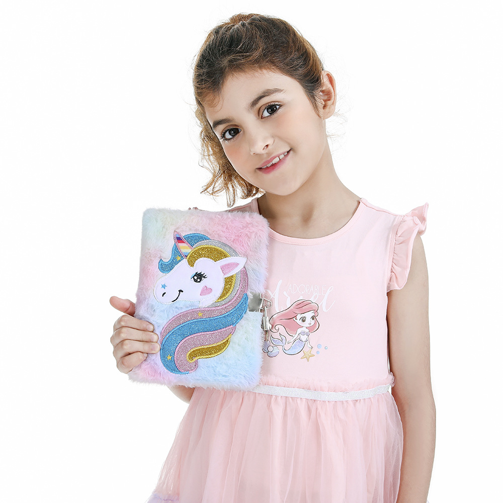 Qianyu Unicorn Cartoon Unicorn With Lock Plush Notebook Students Cute Diary Children Gift Book For Children Specification drawing