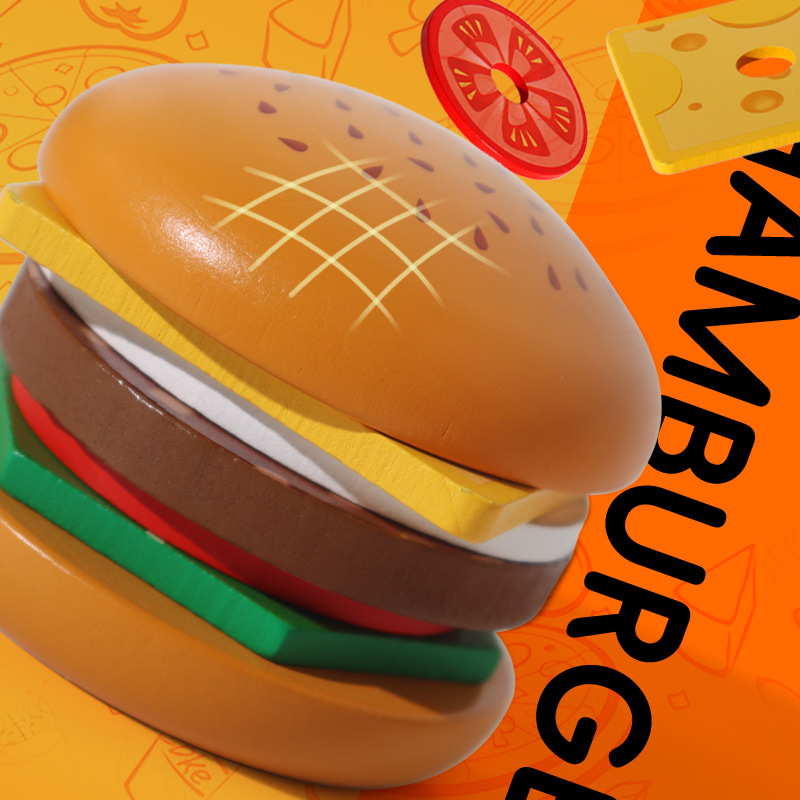 Children's wooden sandwich burger fries set post matching food cut kitchen assembly simulation play house toy Specification drawing