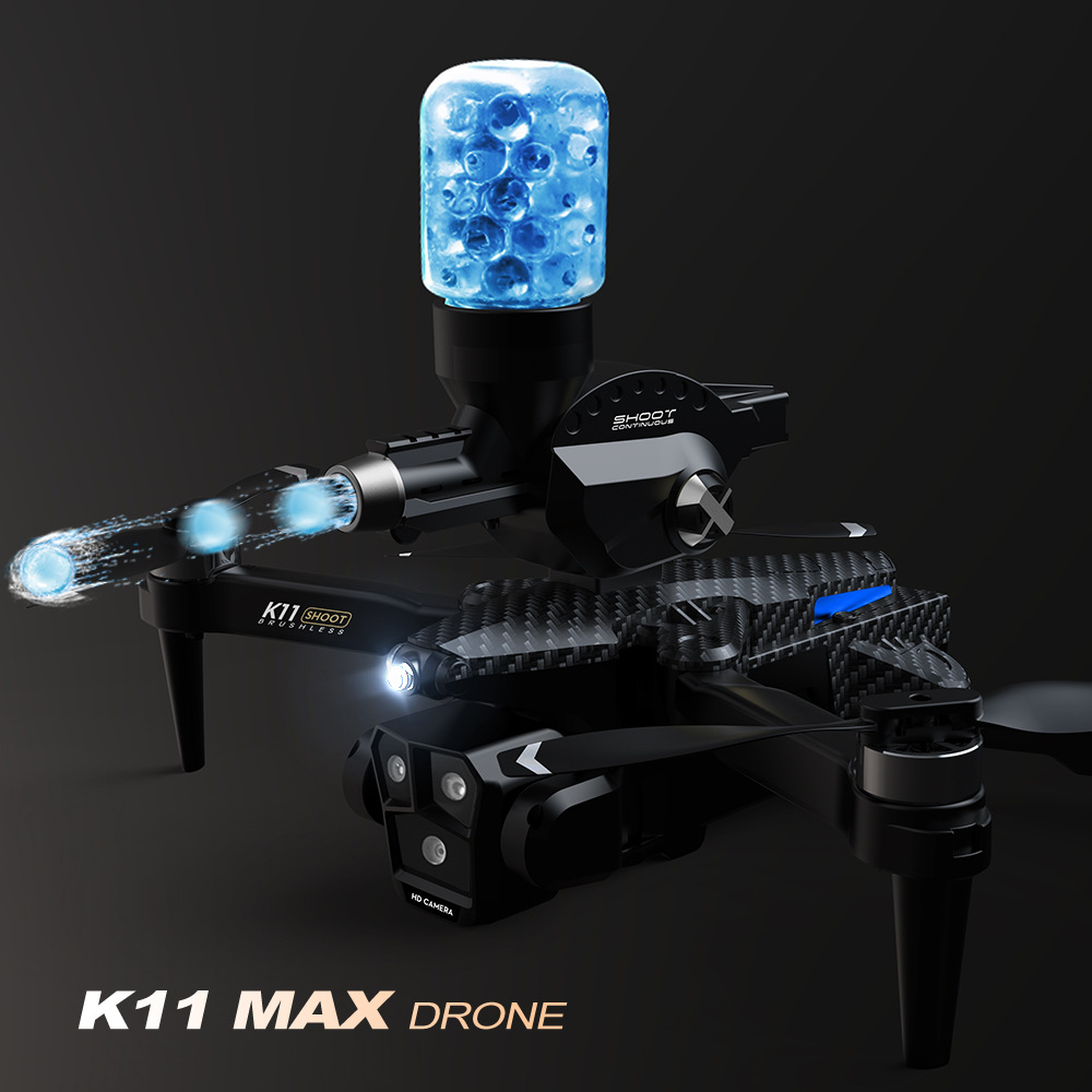 The K11Max Drone, an optical flow triple-camera quadcopter with a brushless motor, is a remote-controlled aircraft that launches water bombs details Picture