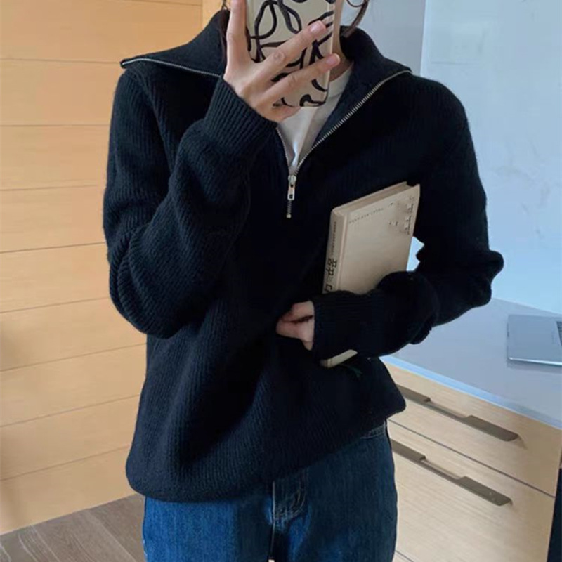 French retro semi-zipped knitted sweater top for autumn and winter, with a loose pullover sweater featuring a lapel design for women pic 12