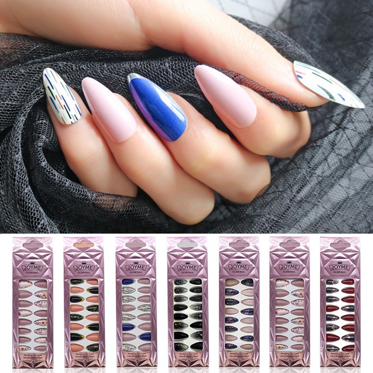 Long pointed false nails, wearable nail pads, finished nail pads, teardrop almond nail pads, nail patches, cross-border from Europe and America, 24 pieces