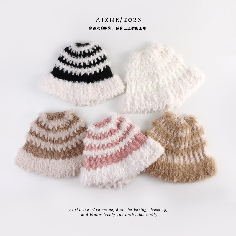 Japanese And Korean Striped Fisherman Hat Matching Dome Multi-Color Thick Warm Hat Hand Hook Wool Hat New Wool Hat