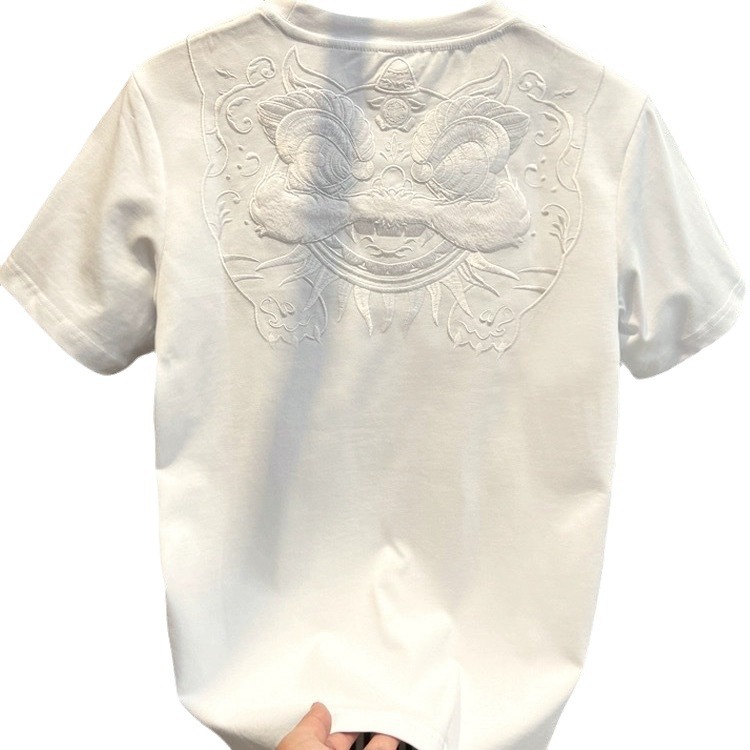 Summer trendy brand, Chinese style, heavy industry, Qilin embroidery, short-sleeved T-shirt, men's niche trend, Chinese style, half-sleeved T-shirt Item Picture