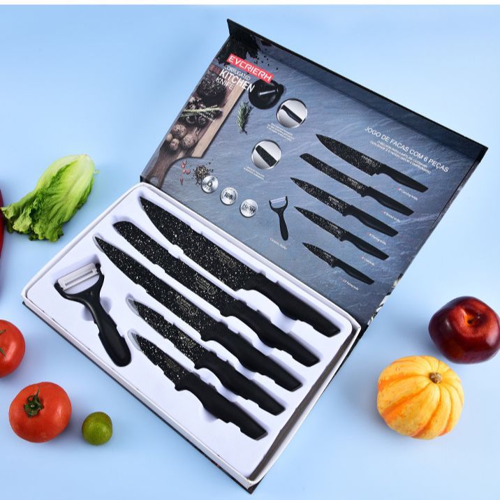 Black Spray Point Six-Piece Knife Set Stainless Steel Chef Meat Bread Universal Knife Gift Box Cutter Manufacturers Available Specification drawing