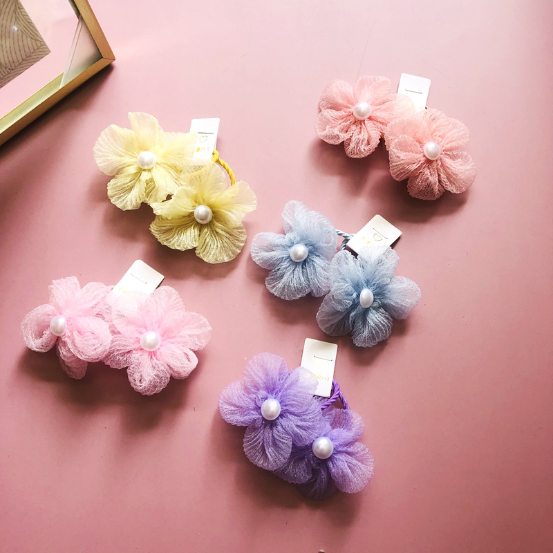 South Korea For Children's Hair Rope Organza Five-Petal Flower Hair Circle Girls Tie Headwear Does Not Hurt The Hair Red Cute Specification drawing