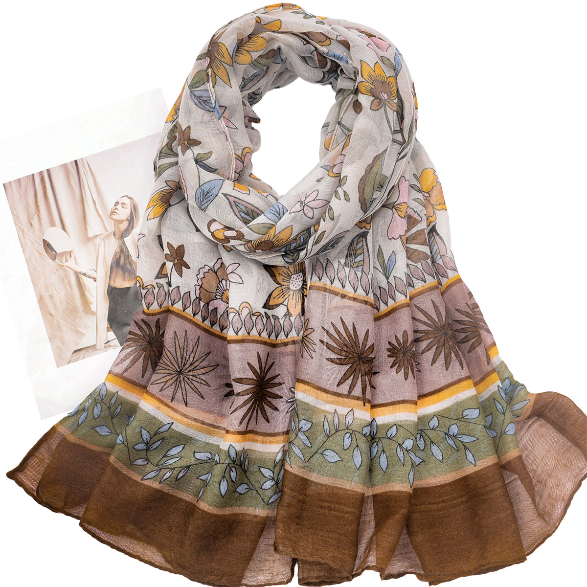 Factory Direct Sales Multi-Color Flower Striped Print Fashion Balinese Yarn Comfortable Casual Scarf Shawl Women Specification drawing