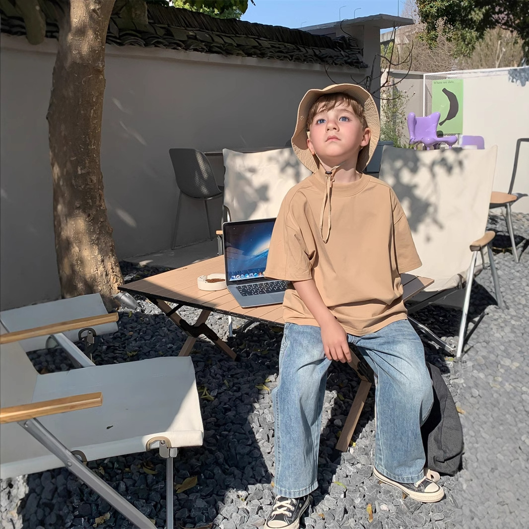 High-quality round-neck short-sleeved T-shirt for boys and kids in solid color, summer five-quarter sleeve loose pure cotton basic T-shirt, sporty trend Specification image