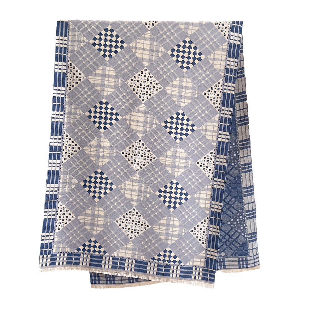 Autumn-Winter Simple Scarf Women's Plaid British Style Print Double-Sided Matching Color Bib Lengthened Thick Pulled Hair Shawl Cape Item Picture