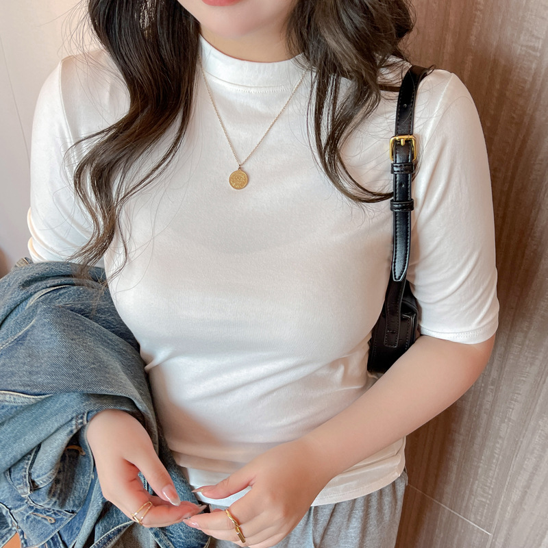 Large-sized spring, autumn and winter small stand-up collar modal five-quarter sleeve innerwear with a base layer, mid-collar women's high-end top T-shirt