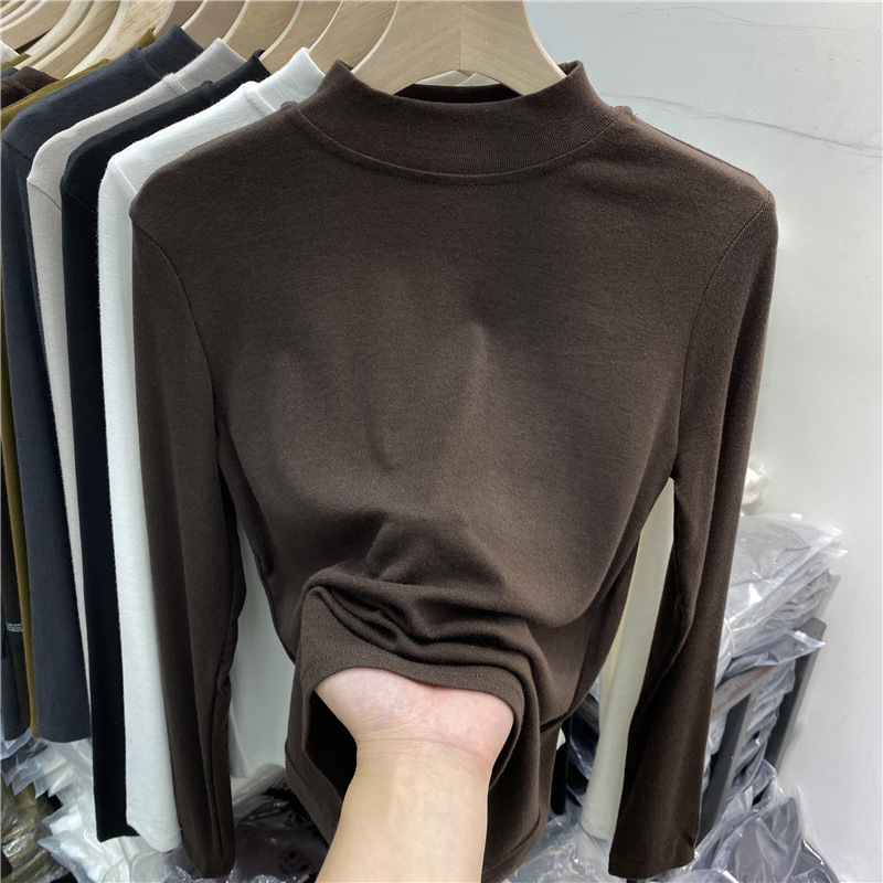 High-quality brushed fleece stand-up collar base layer for women, long-sleeved T-shirt, 2022 autumn and winter new style pure cotton versatile inner layer top Item Picture