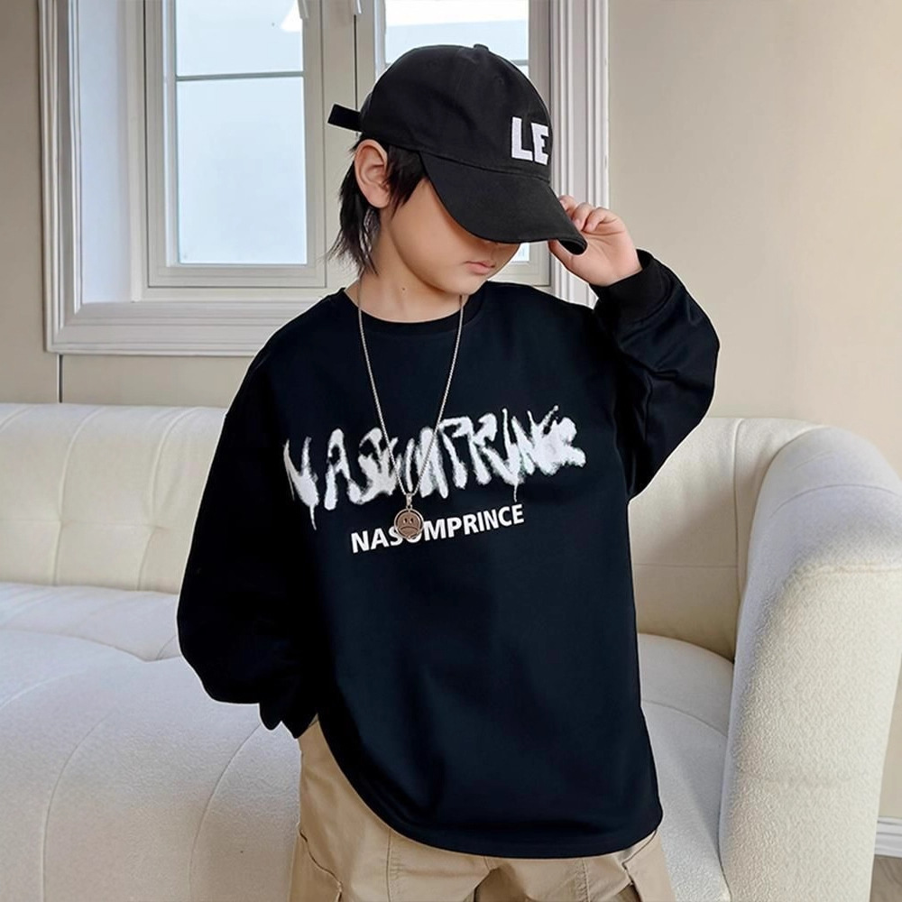 New Spring and Autumn 2025 Boys' long-sleeved T-shirt, children's loose and casual top, large and medium-sized children's drawstring printed base layer details Picture