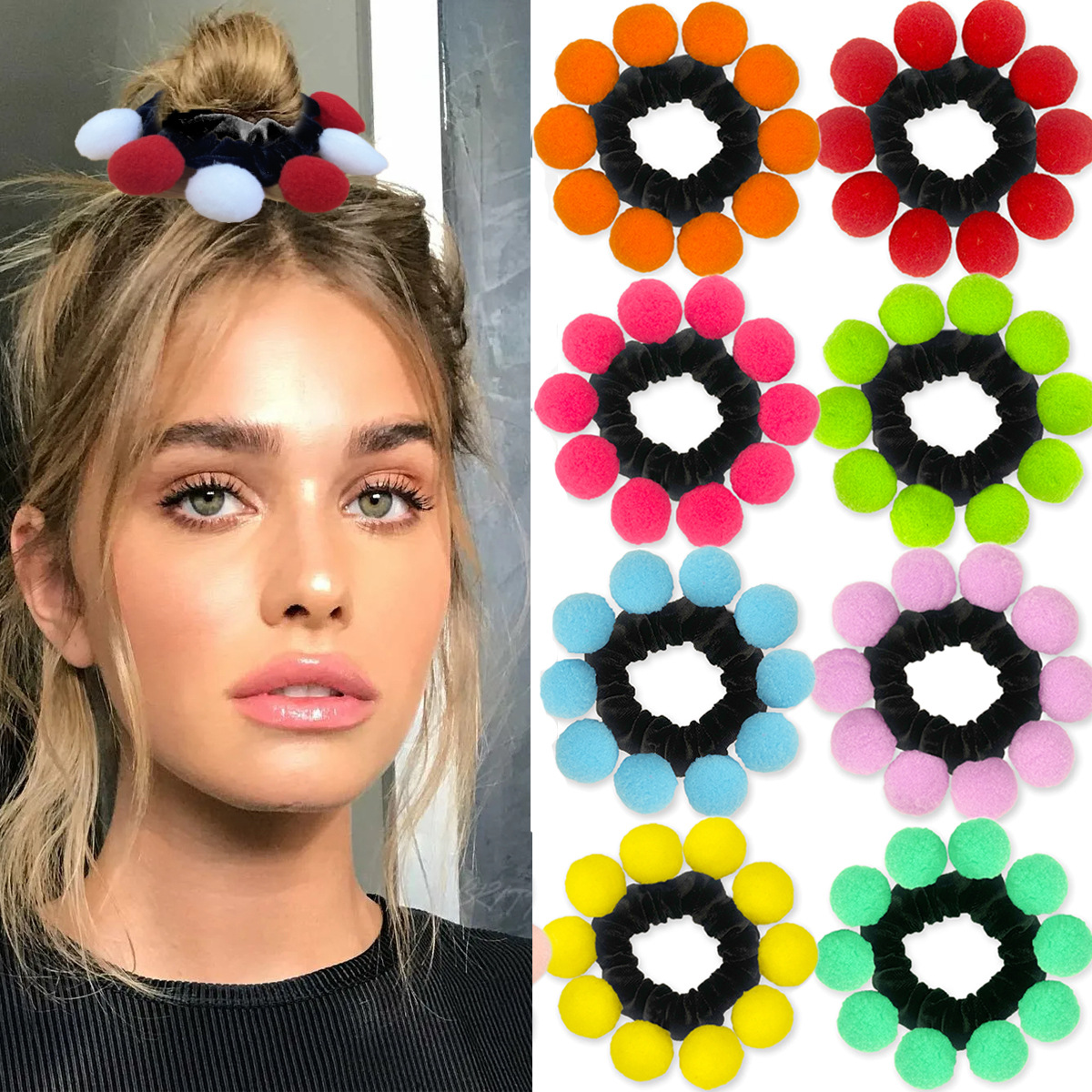 New colorful plush ball hair band, candy-style color hair accessory, high-end feel, cute hair rope, colorful round ball rubber band for girls details Picture