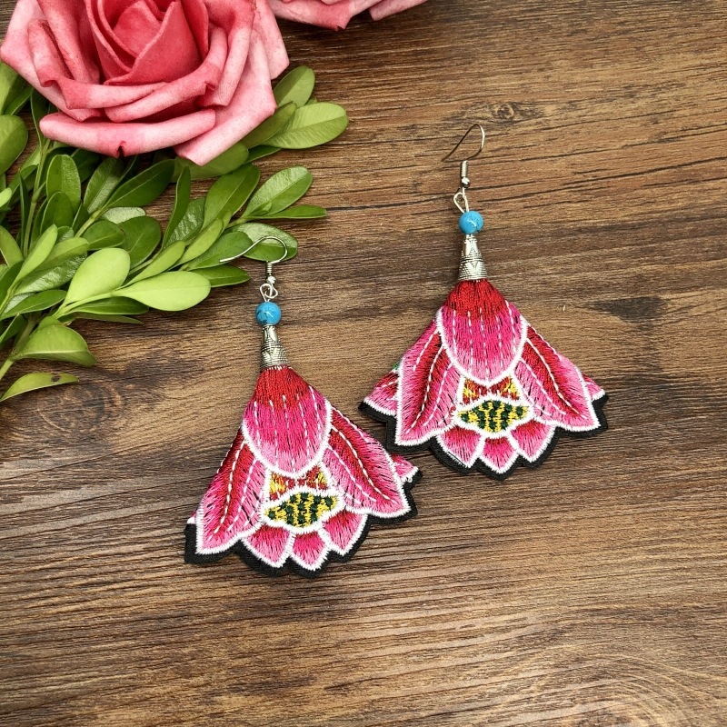 Hand-Embroidered Retro Ethnic Style Fabric Earrings Flower Fringe All Match Feminine Stage Performance Earrings Drop Earrings Specification drawing
