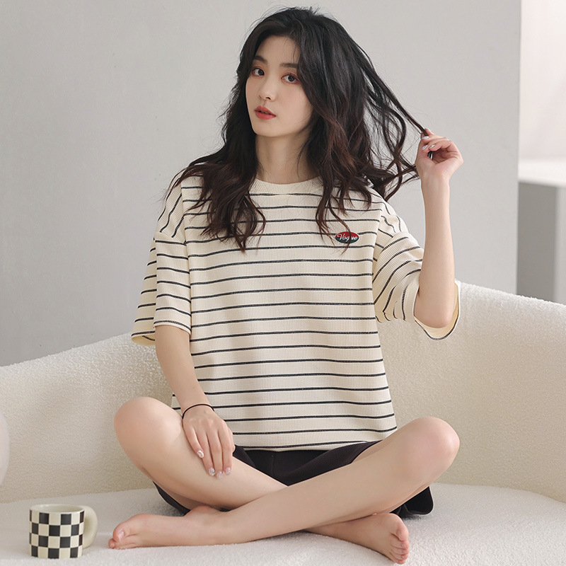 Wholesale of new summer pure cotton waffle short sleeves and shorts, all-cotton, high-end home wear sets that can be worn outside Application Scenario