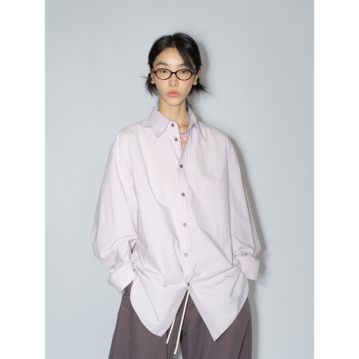 [识时]新品盐缩匹马棉宽松休闲百搭翻领长袖纯色衬衫上衣女V8465