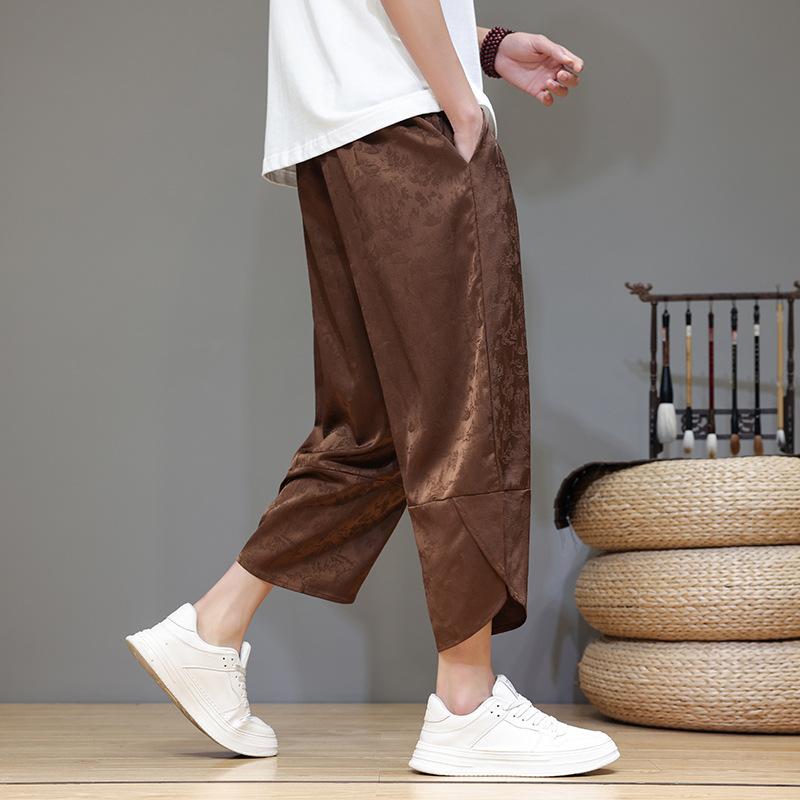 夏季新款中式国风提花七分裤男式沙滩裤时尚潮流哈伦裤男士休闲裤