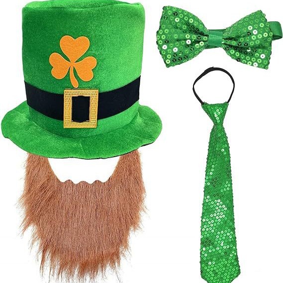亚马逊圣帕特里克节绿色亮片领带领结爱尔兰绿色帽子爱尔兰套装