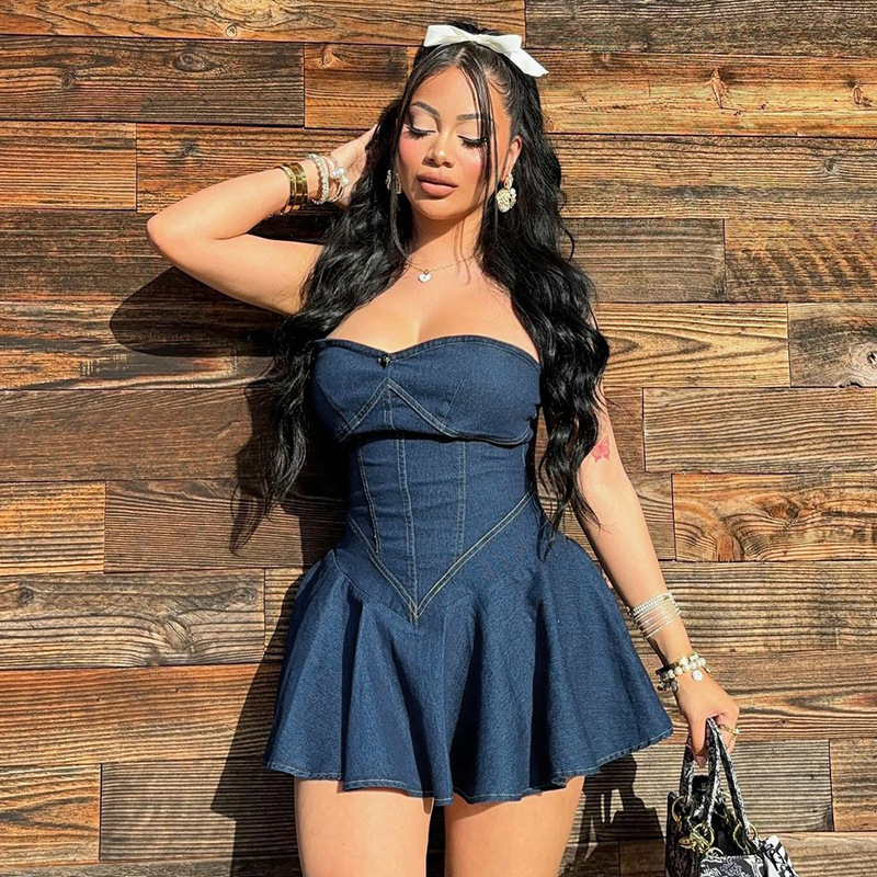 YY24094 Summer 2024 New Style Stylish body-hugging A dress, European and American style sexy strapless faux denim dress for women Specification drawing