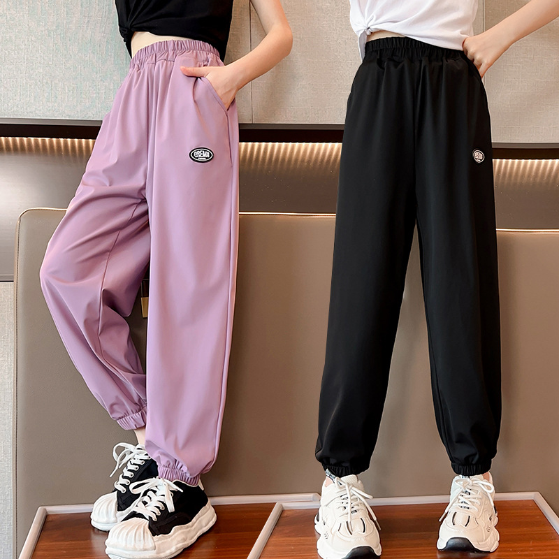 夏季女童冰丝裤2024新款中大童纯色速干裤儿童运动裤学生防蚊裤女