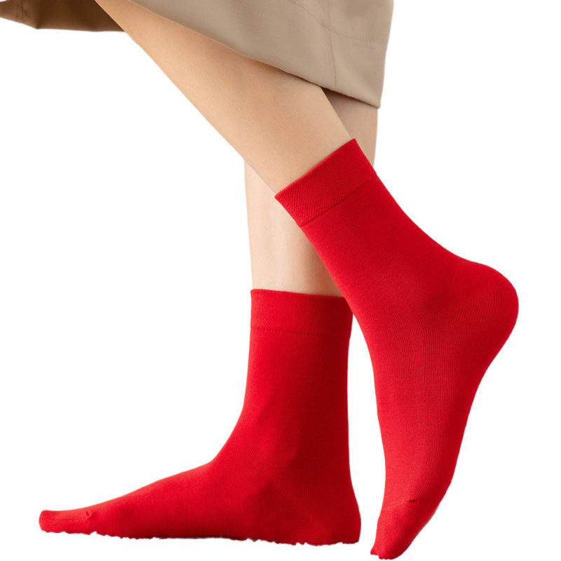 红袜子西客优品厂家舒适柔软平板刺绣女士中筒袜白底实物图