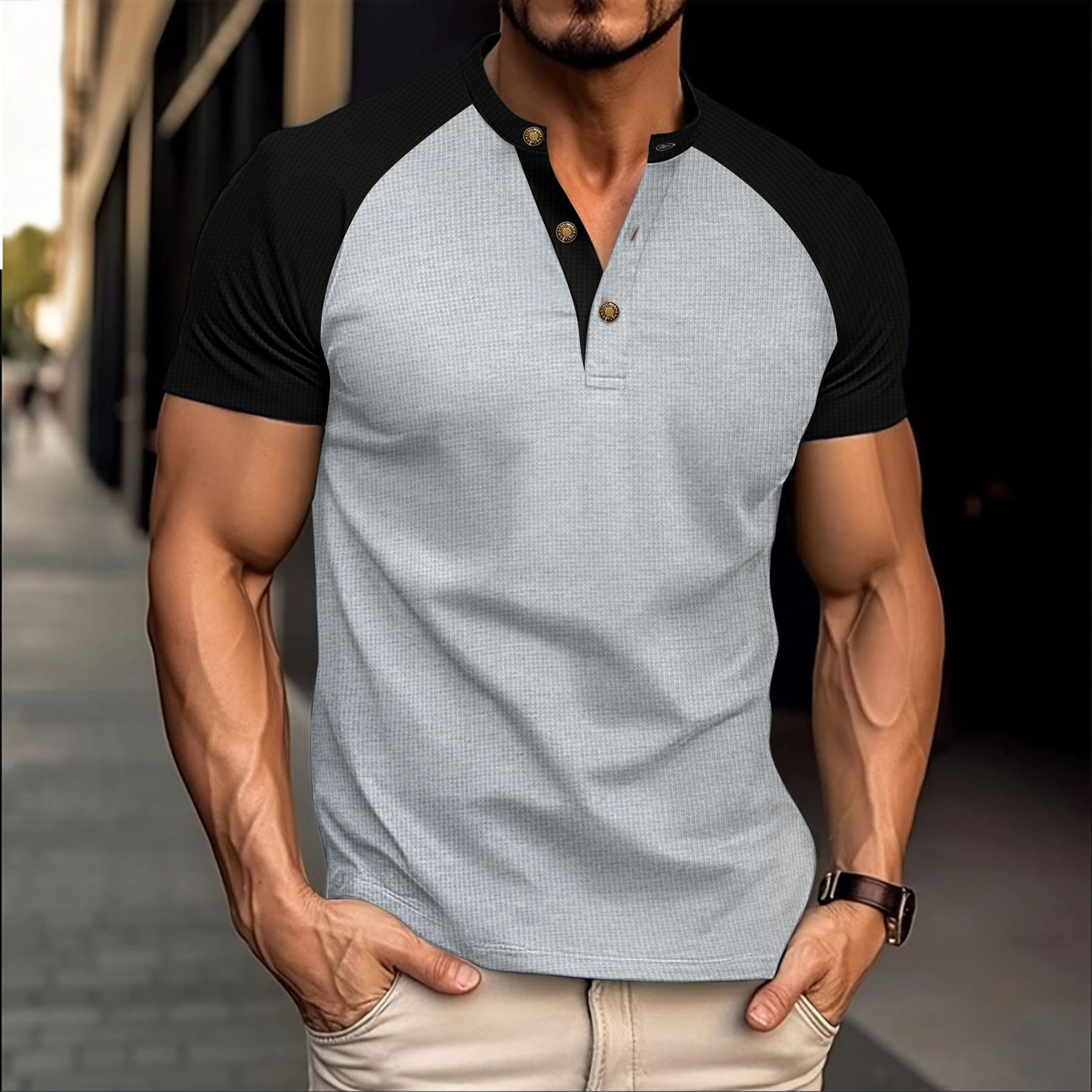 A new cross-border summer men's round-neck Waffle 3-button breathable color-blocked off-the-shoulder short-sleeved casual T-shirt Application Scenario