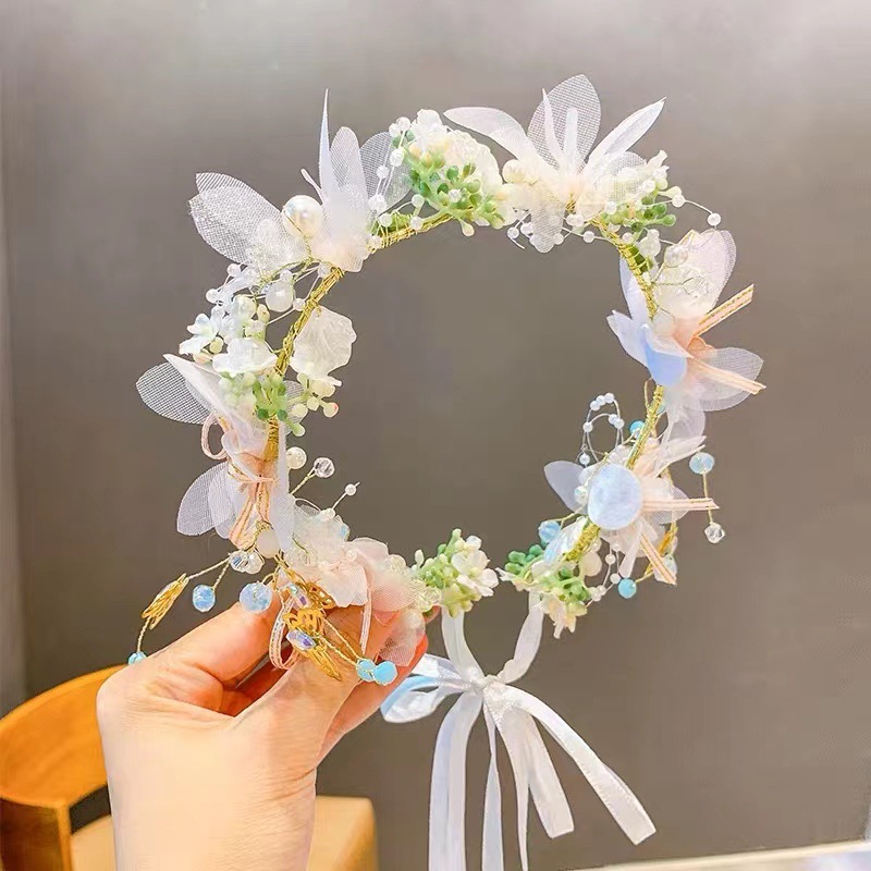 Children's Wreath Headdress Princess Mori Tie Headband Flower Child Dress Wedding Headaddress Girl Headband Hair Piece Girl Headaddress Item Picture