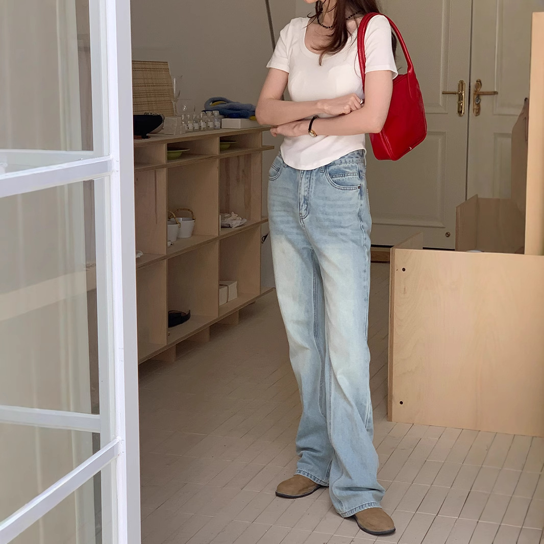 复古直筒牛仔裤女春季2025新款韩系风高腰显瘦百搭洗水休闲长裤