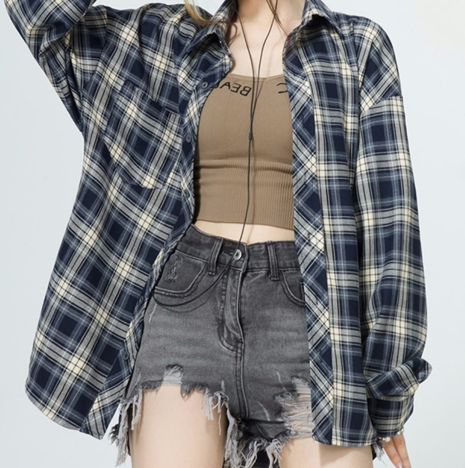 Korean version of High Street Beauty School Invitation: Plaid long-sleeved sun protection shirt for women's summer cardigan, thin shirt with top bf Application Scenario