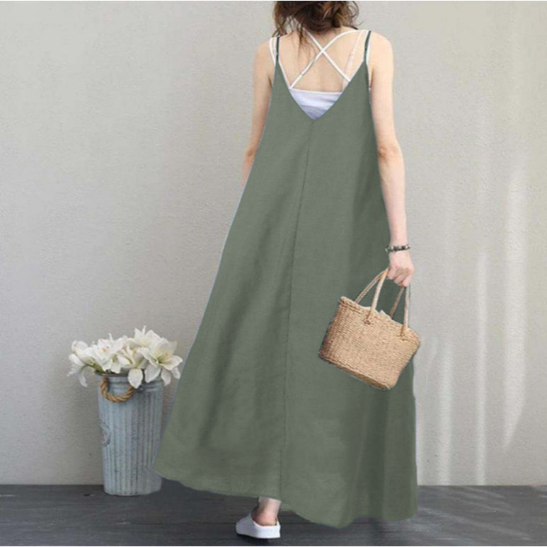Four-color casual loose solid dress for women, V-neck backless sexy long dress, sleeveless women's party dress Application Scenario
