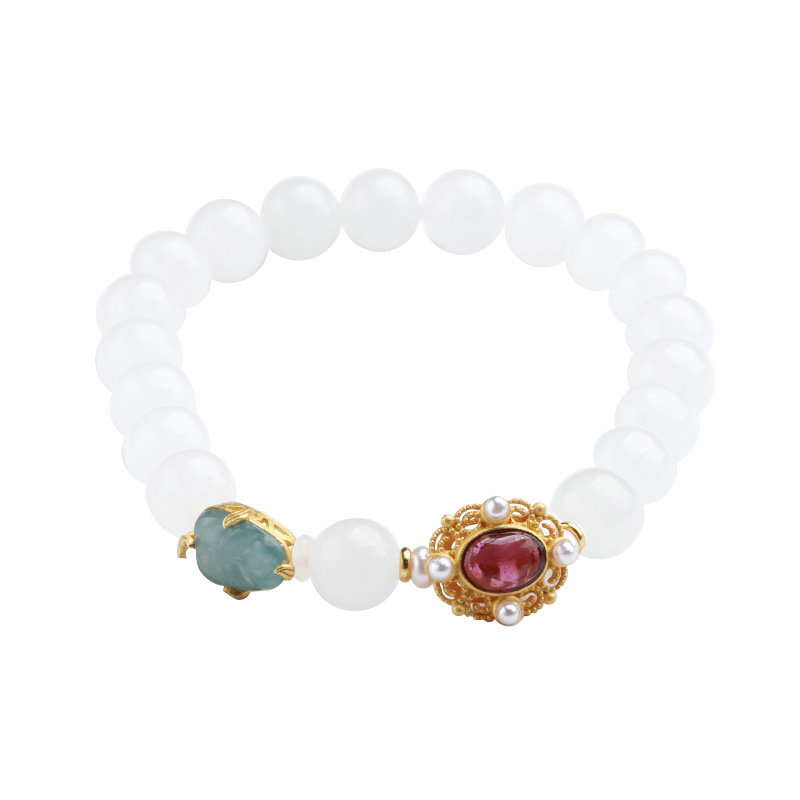 Natural Hetian jade white jade round bead bracelet for women, blue water jade leaf bracelet, a niche design for your girlfriend Item Picture