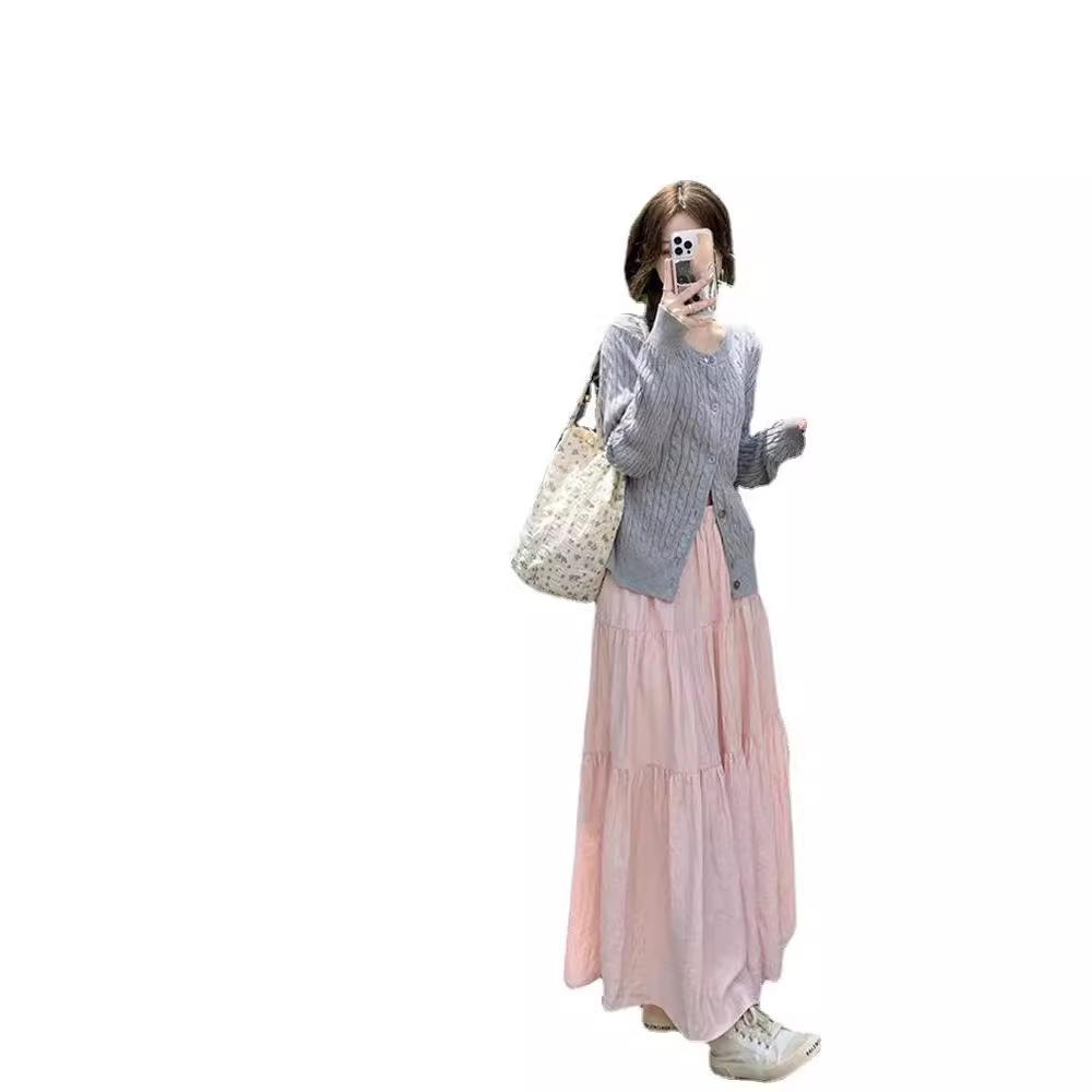 粉色半身裙女春秋夏季2024新款高腰显瘦a字长裙小个子蓬蓬蛋糕裙白底实物图
