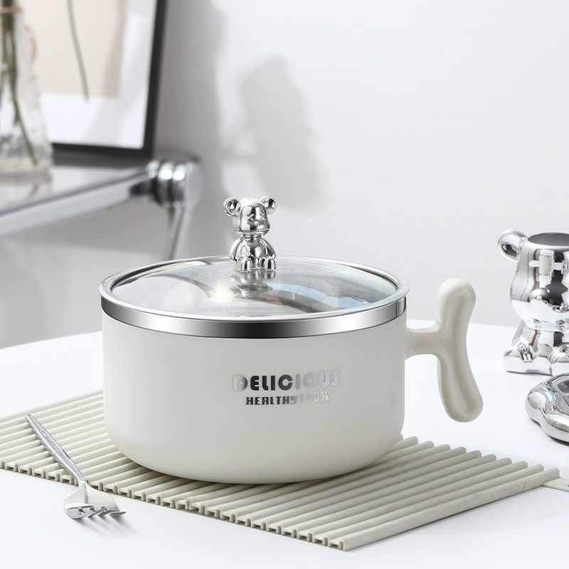 Noodle bowl 304 stainless steel noodle bowl rice bowl with lid Students round soup bowl lunch box Dormitory violent bear lunchbox 01216KT9103 full figure