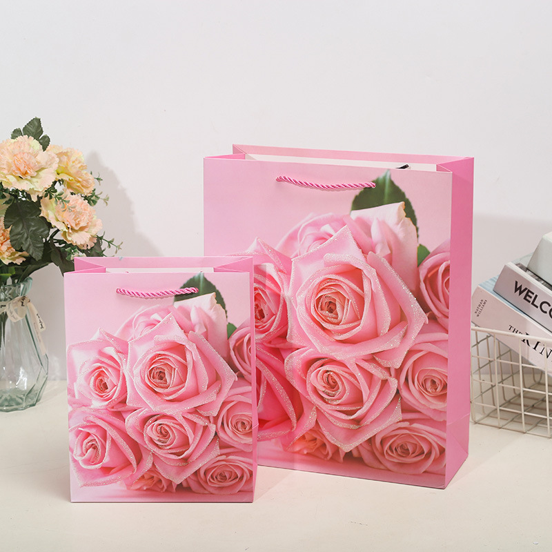 Ladies Pink Rose Gift Bag Tote Bag Paper Bag Clothing Shopping Bag Birthday Gift Return With Hand Gift South America