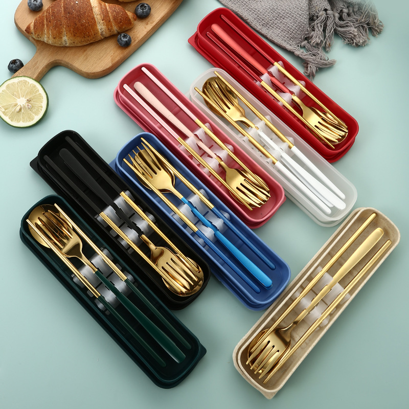 304 Stainless Steel Portable Tableware 3-Piece Set Korean Spoon Fork Chopsticks Student Camping Tableware Set Gift details Picture